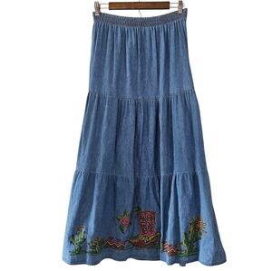 K.W.B.L. Los Angeles Vintage Tiered Denim Skirt Western 90s Cowgirl Rodeo Skirt